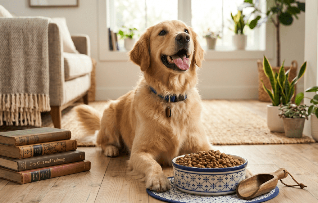כלב שמח עם הקערה שלו