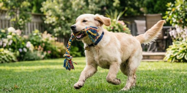 כלב עם צעצוע של כלב רק בשדה